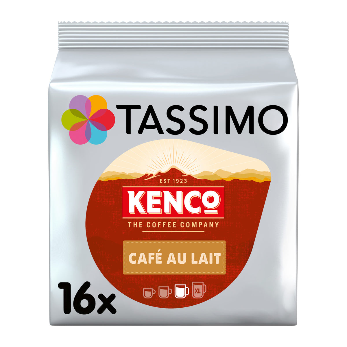 A package of Kenco Tassimo Café Au Lait coffee pods, featuring a silver bag with a large red and cream circular logo and a multicolor flower icon.
