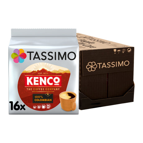 Tassimo Kenco Colombian coffee capsules box on a white background