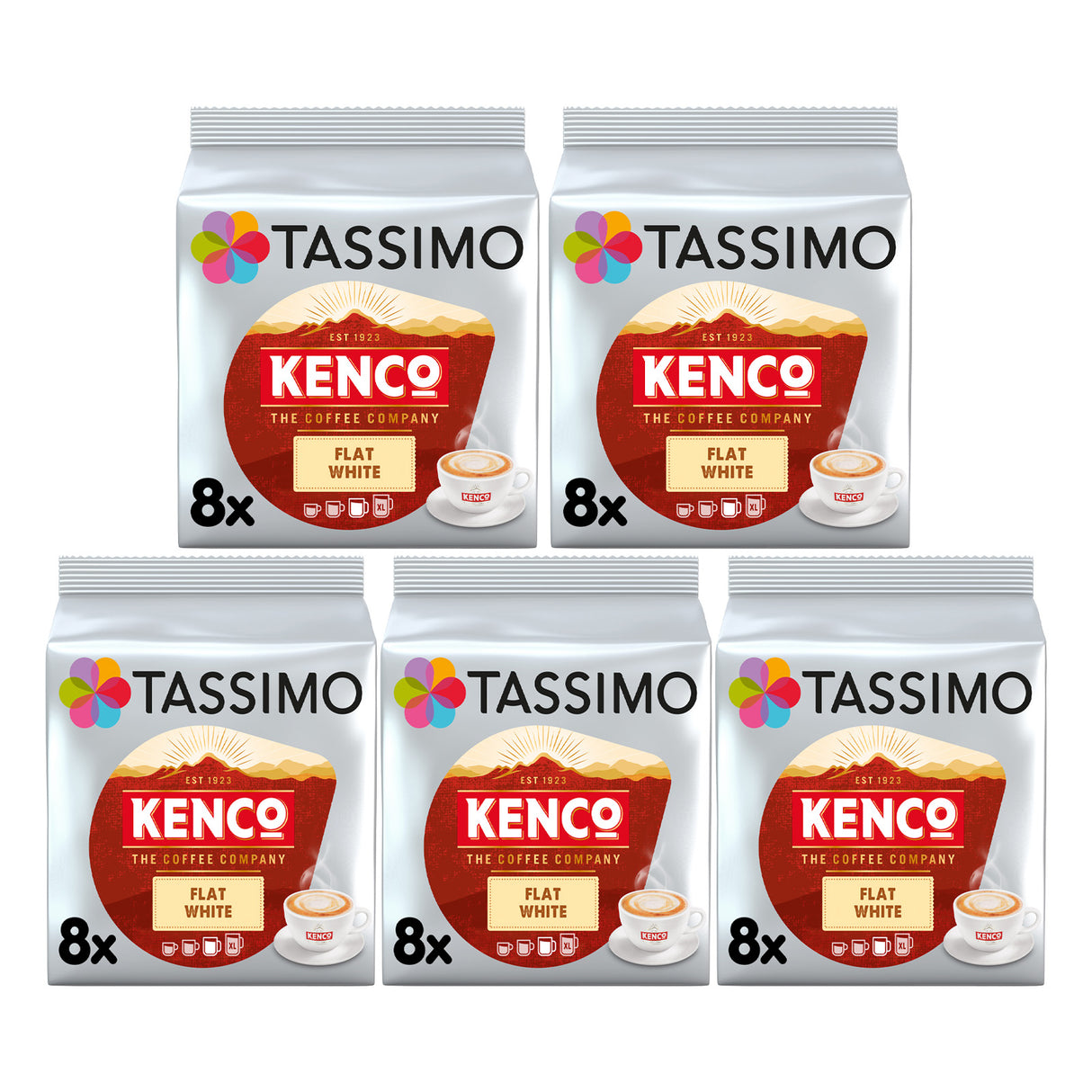 Five packages of Tassimo Kenco Flat White coffee pods on a white background
