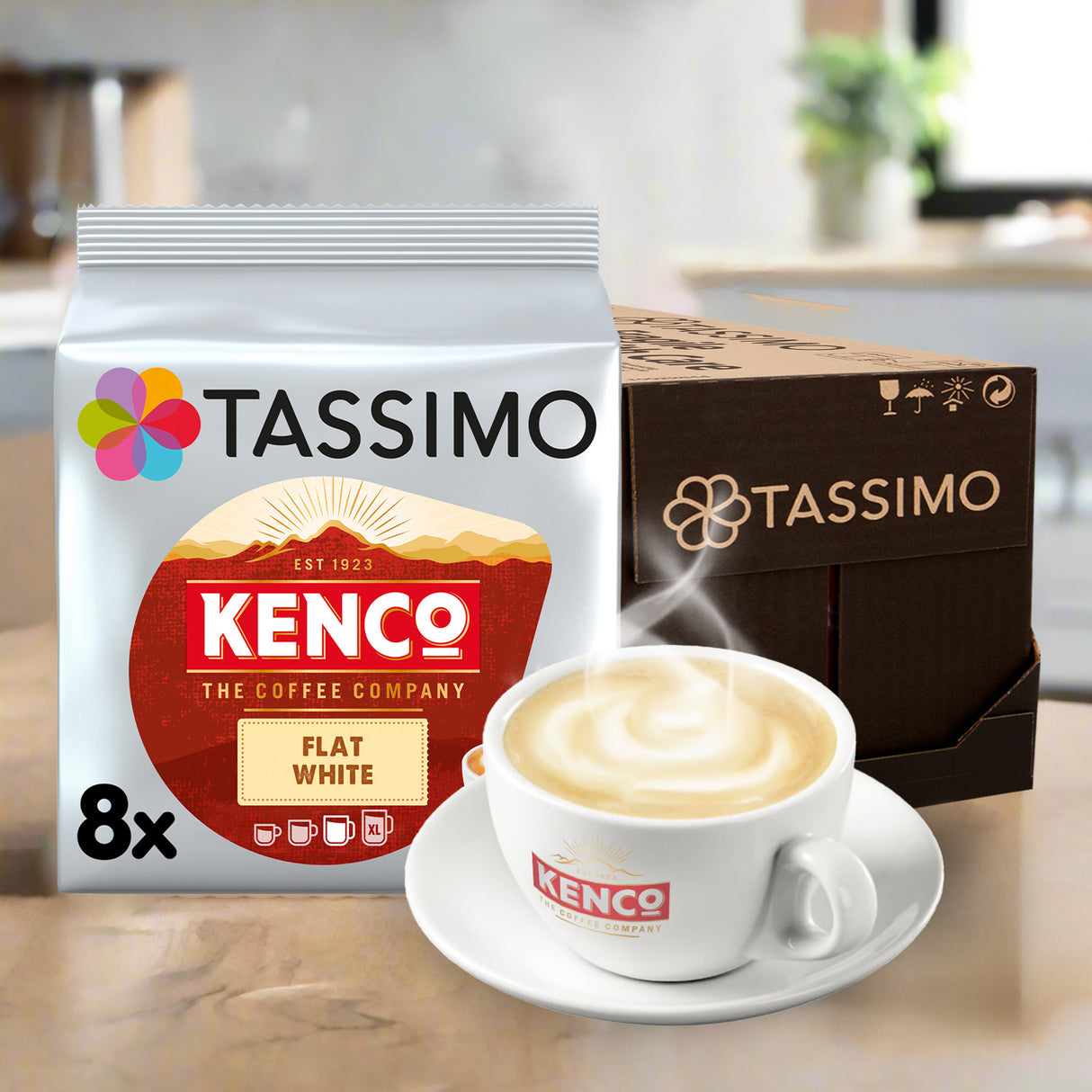 Tassimo Kenco coffee case and cup on a kitchen counter