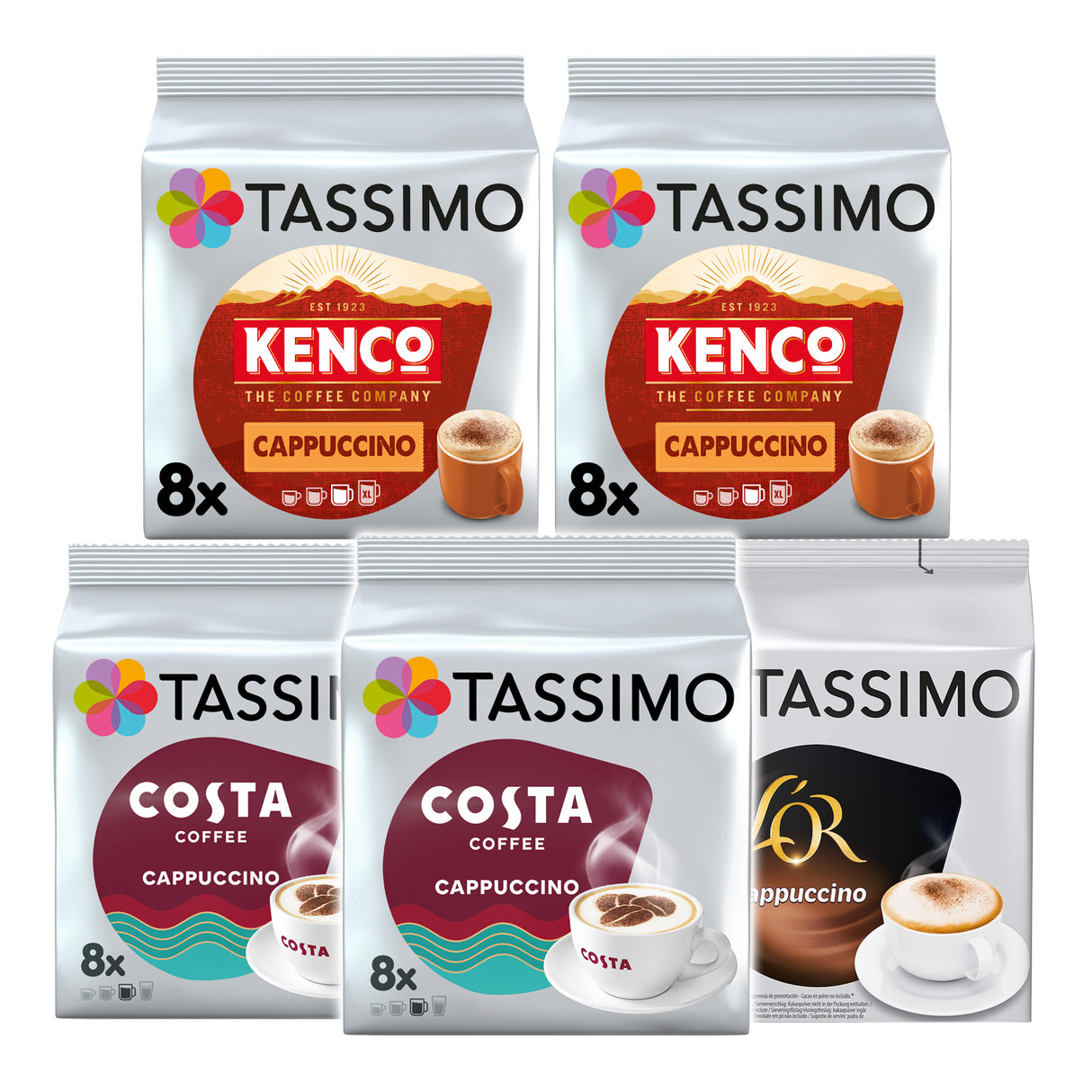 Five Tassimo coffee pod packages from different brands on a white background