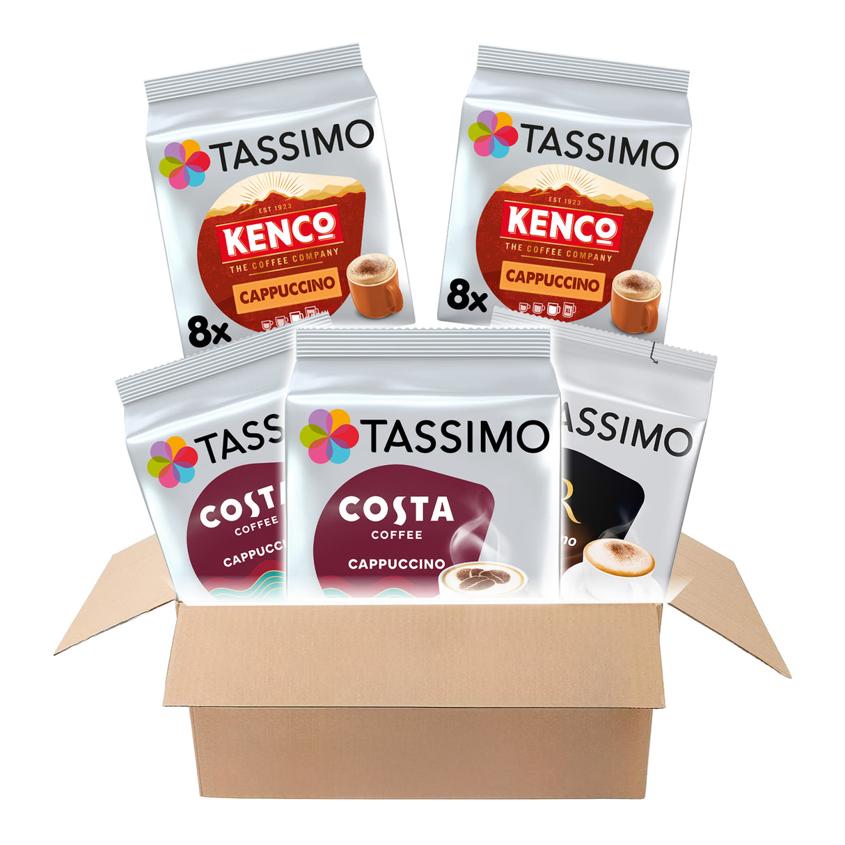 Box of Tassimo coffee pods featuring Kenco and Costa Coffee.