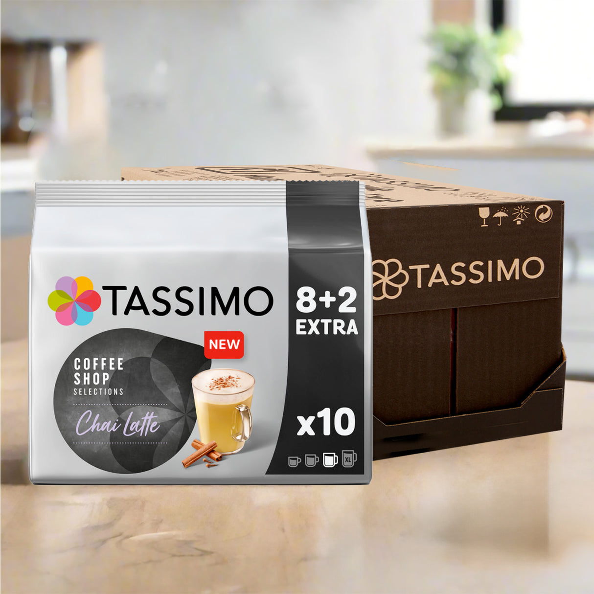Tassimo Chai Latte 10 pods per pack case in a kitchen