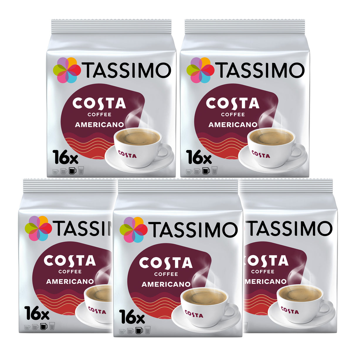 Five packages of Tassimo Costa Coffee Americano on a white background