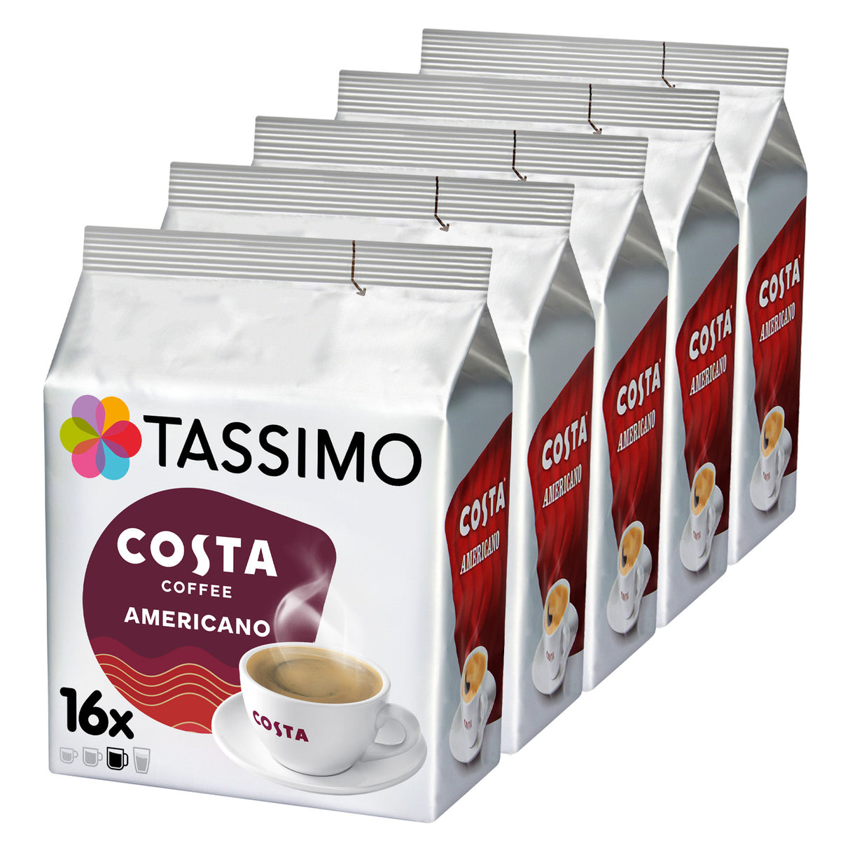 Tassimo Costa Americano coffee packs on a white background
