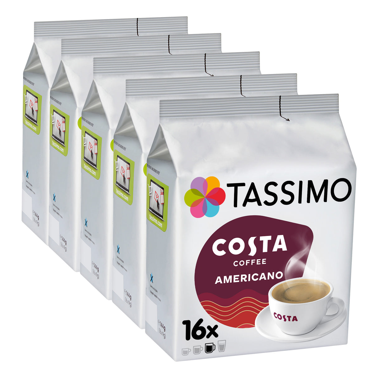 Tassimo Costa Coffee Americano packs on a white background