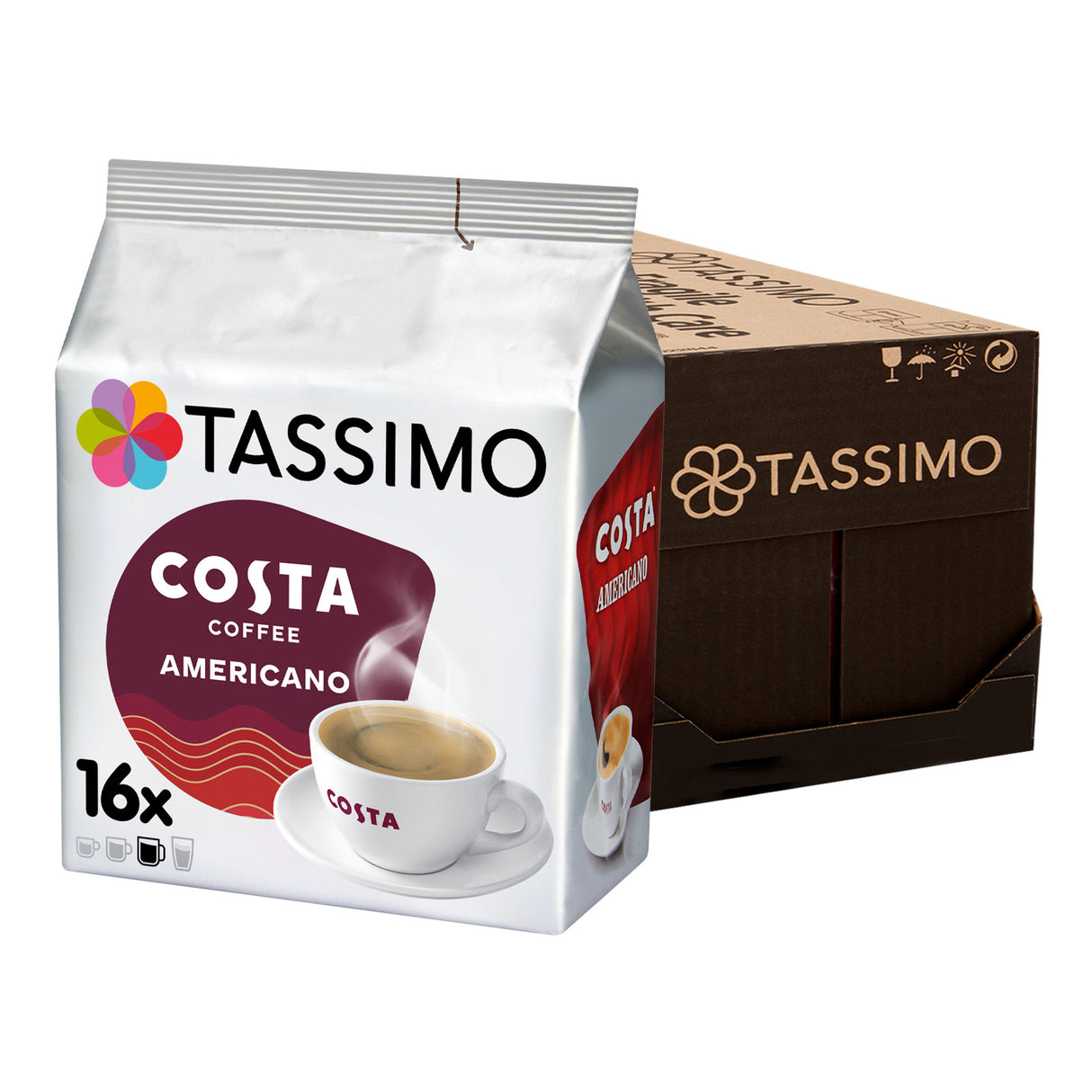Tassimo Costa Americano coffee pack and box on a white background
