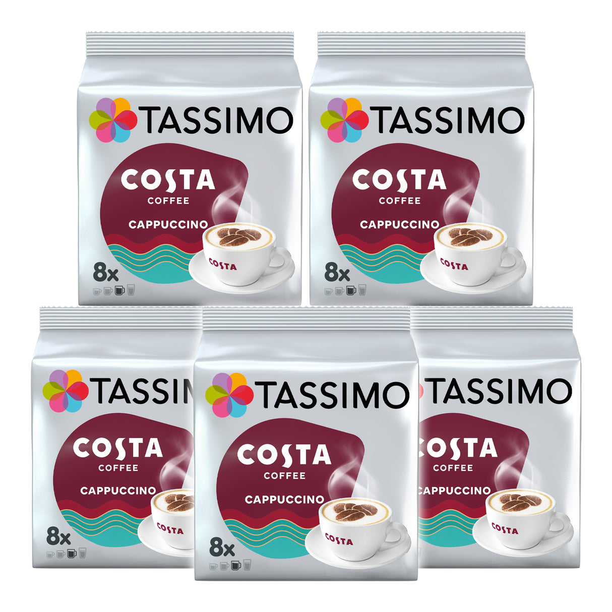 Five Tassimo Costa Coffee Cappuccino packs on a white background