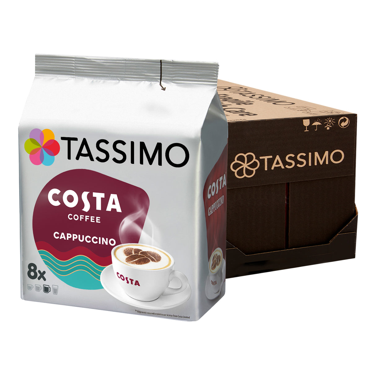 Tassimo Costa Coffee Cappuccino packaging with a white background