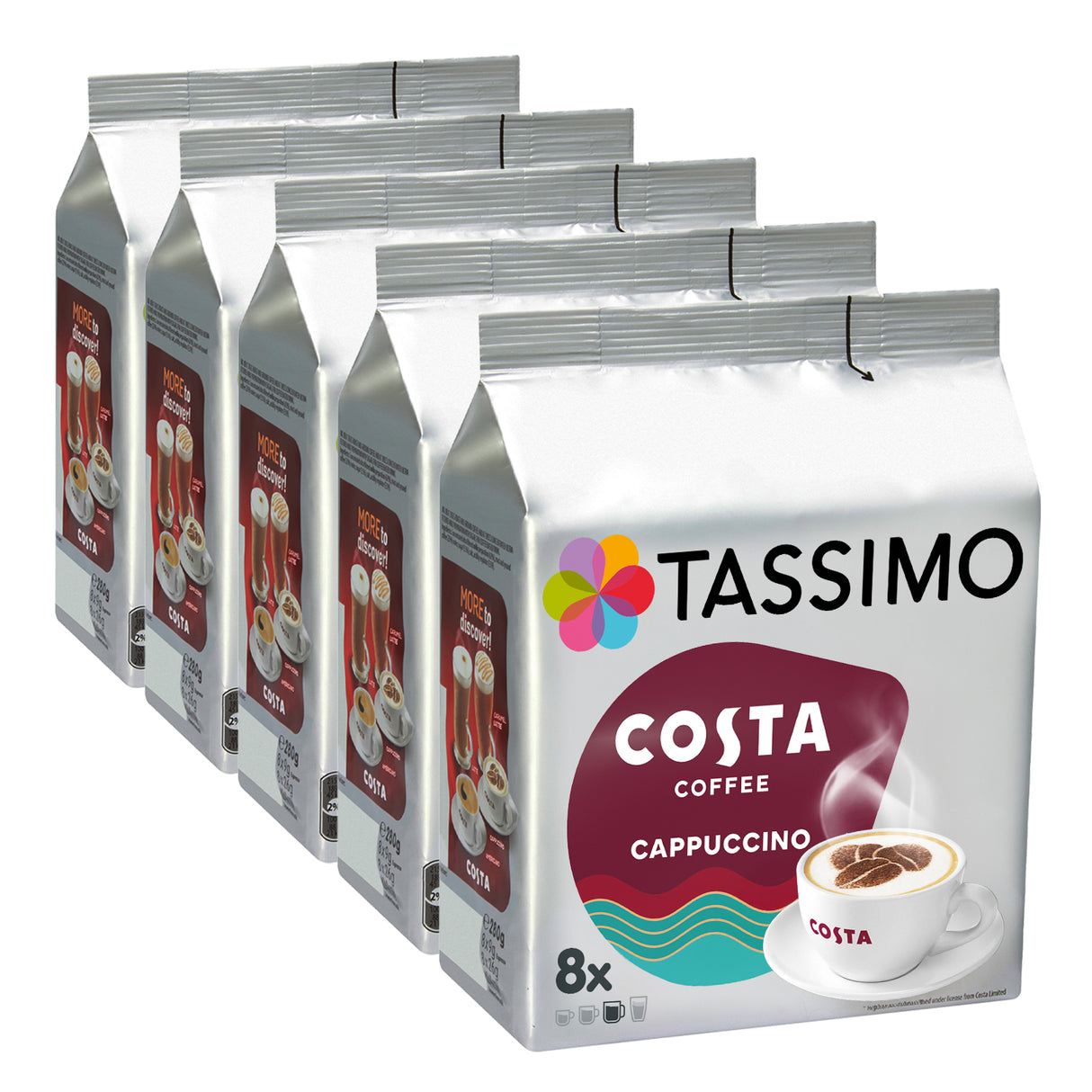 Tassimo Costa Coffee Cappuccino packs on a white background