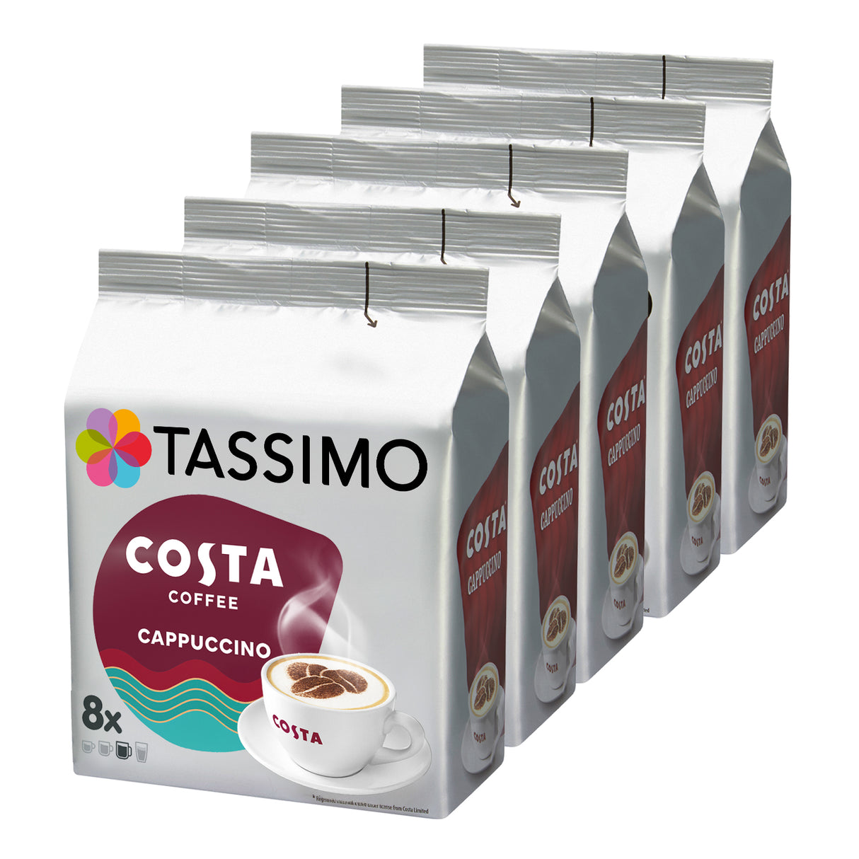 Tassimo Costa Coffee Cappuccino packs on a white background