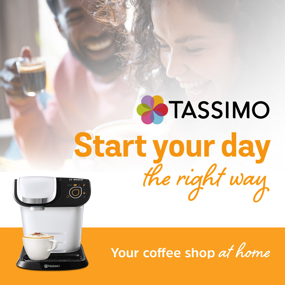 TASSIMO coffee machine with a couple enjoying coffee, featuring the TASSIMO brand.