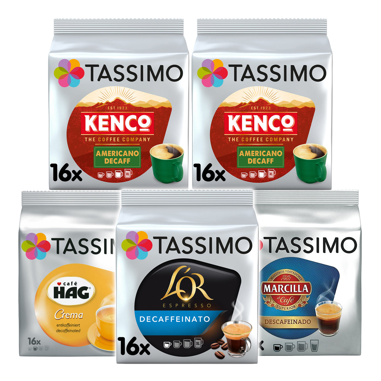 Five Tassimo coffee pod packages from different brands on a white background