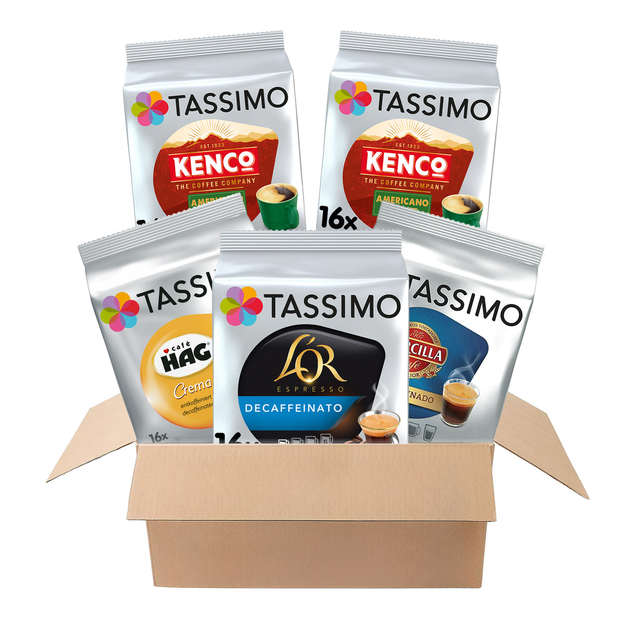 Box of Tassimo coffee pods featuring various brands on a white background