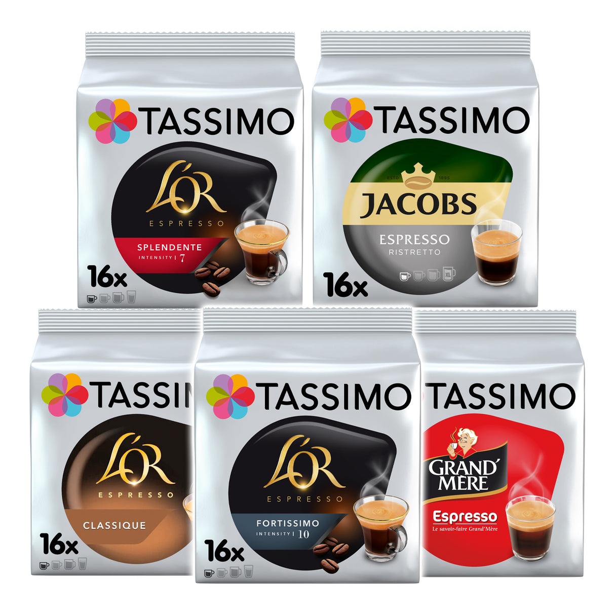 Collection of Tassimo coffee packs featuring L'Or, Jacobs, and Grand Mere brands on a white background.