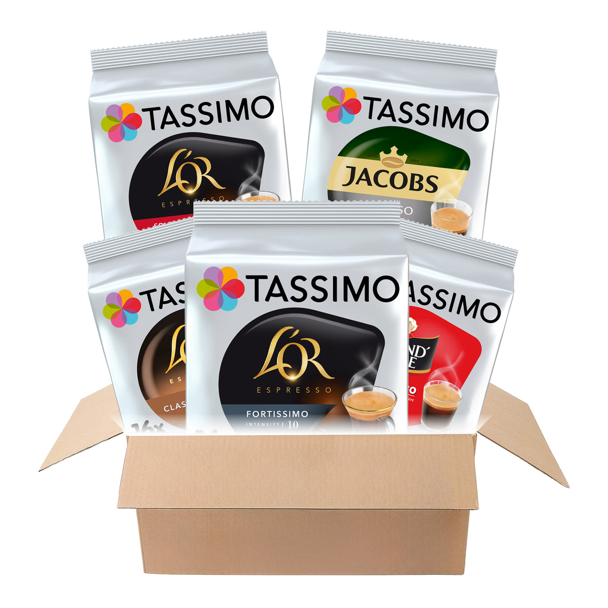 Box of Tassimo coffee pods with various brands on a white background