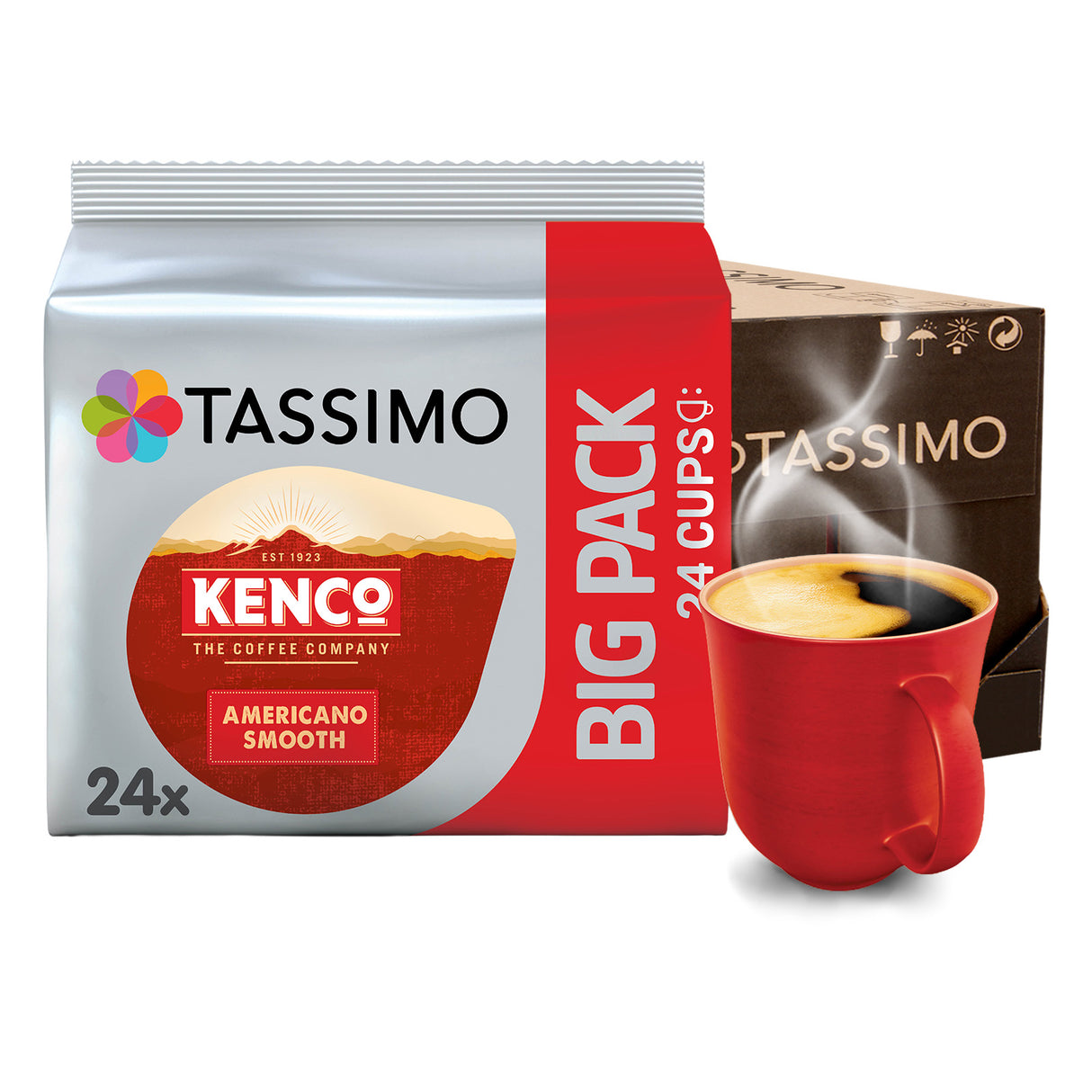 Tassimo Kenco Americano coffee pack with a red cup on a white background