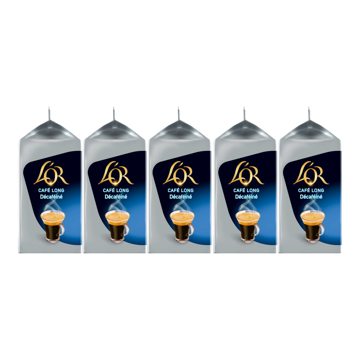 Five L'OR coffee pod packages on a white background