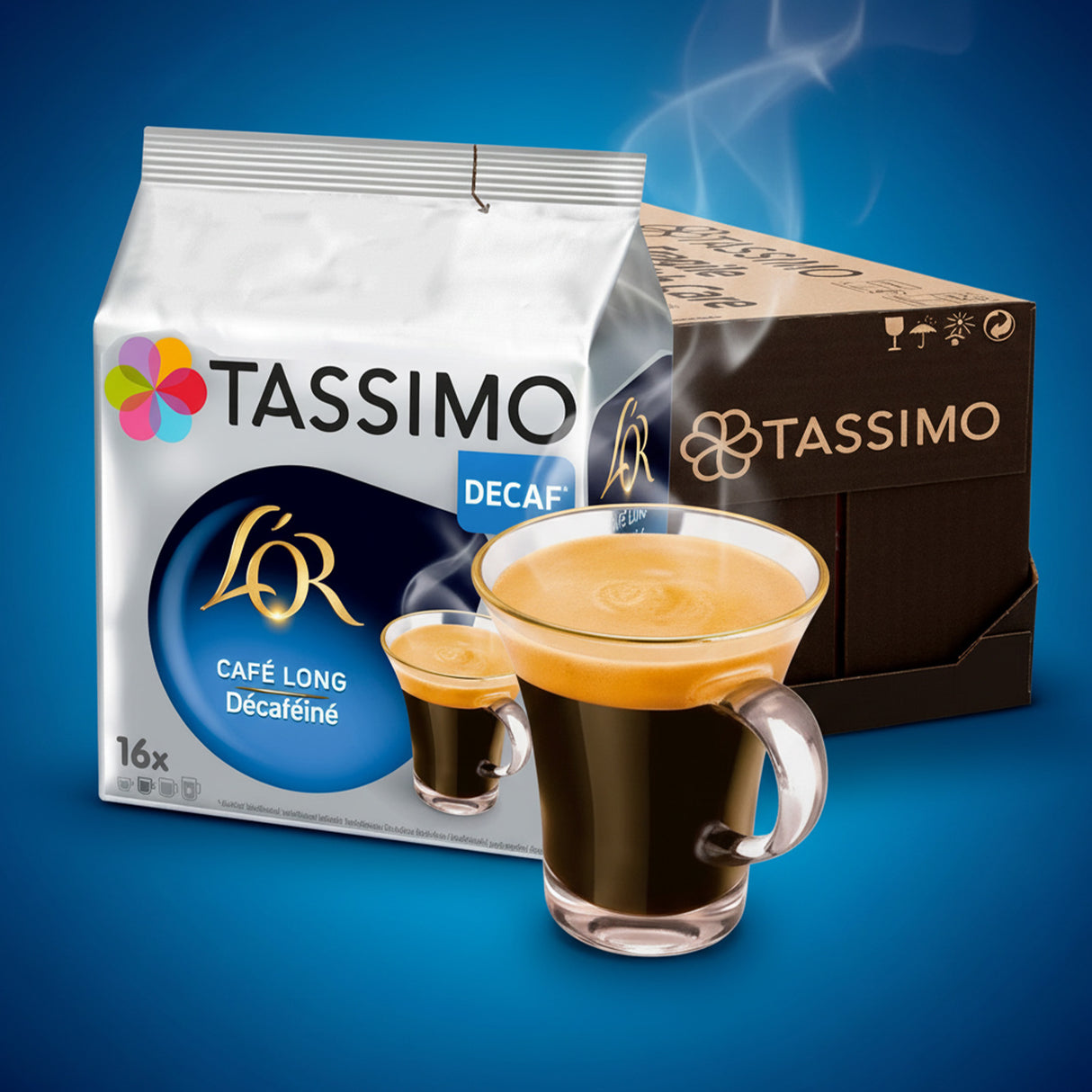 Tassimo coffee package with a cup of coffee on a blue background