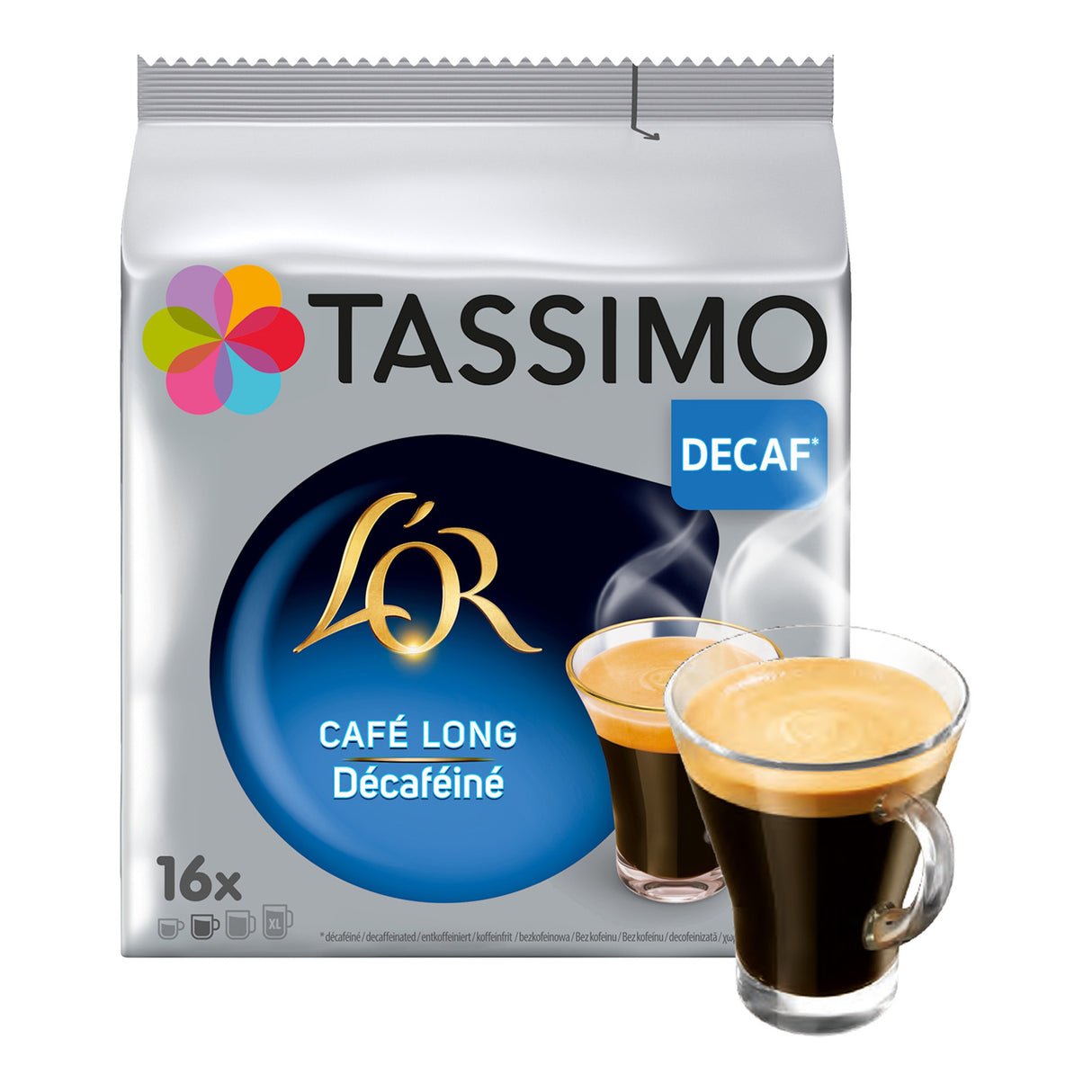 Tassimo L'Or Decaf coffee package with two glasses of coffee on a white background