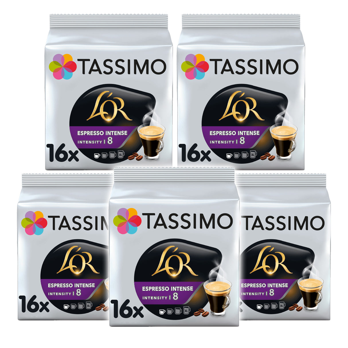 Five packs of Tassimo LOR Espresso Intense coffee pods on a white background
