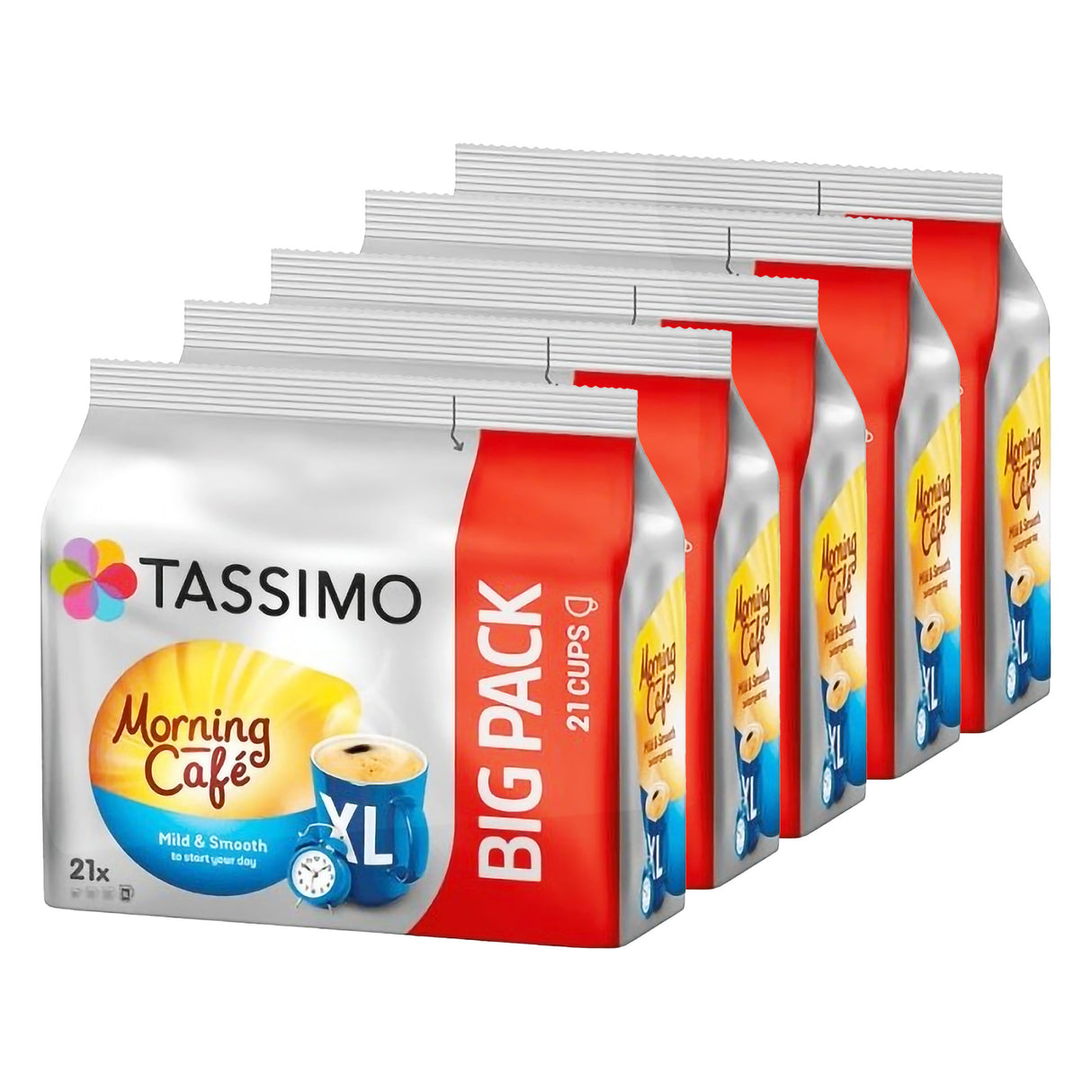 Tassimo Morning Cafe coffee packs on a white background