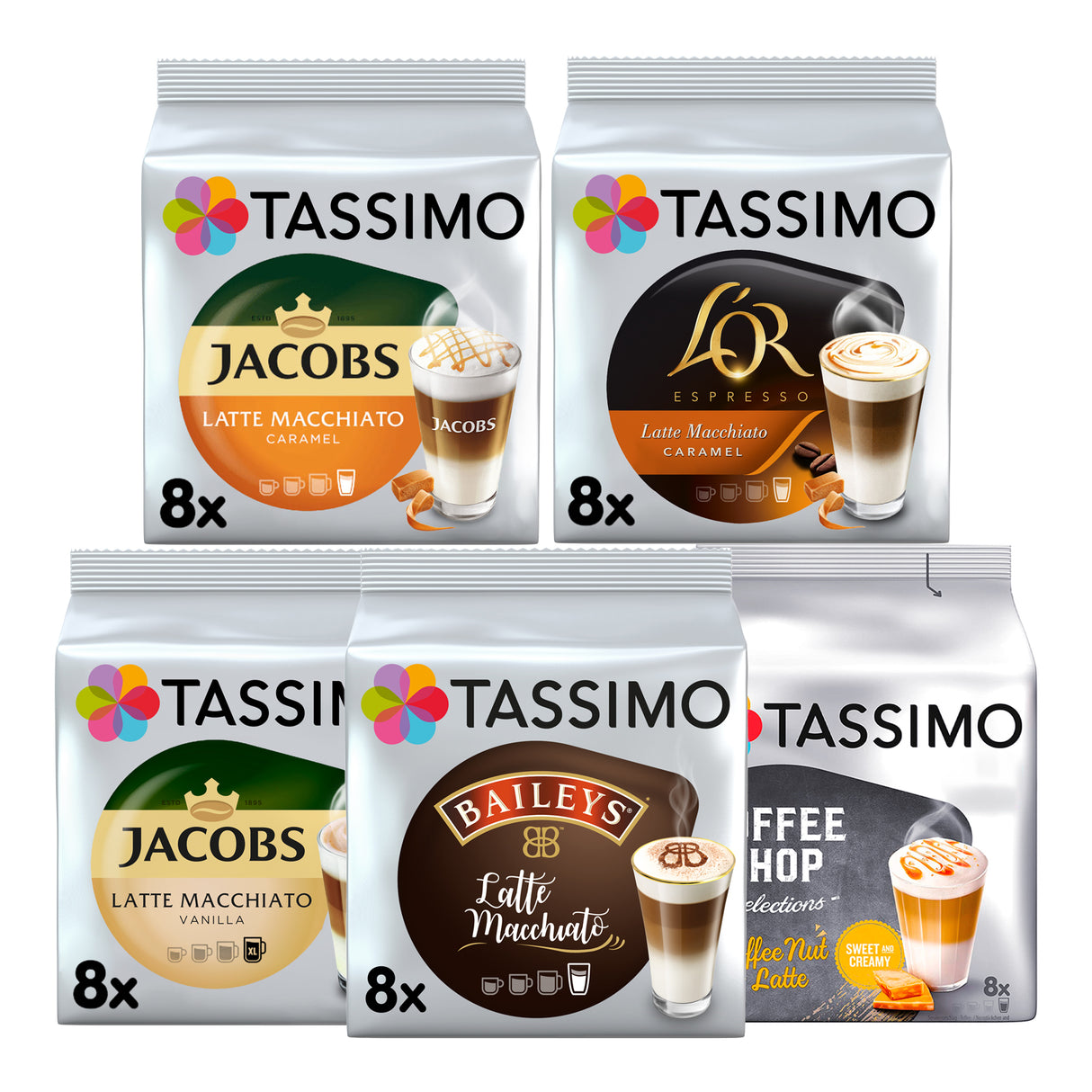 Five Tassimo coffee pod packages on a white background