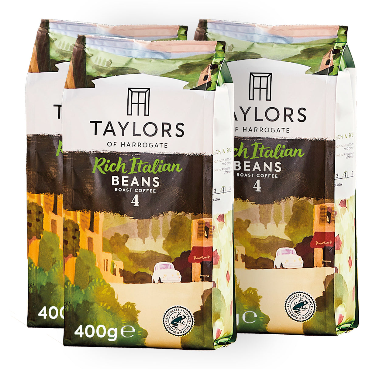 three packages of Taylors of Harrogate coffee beans