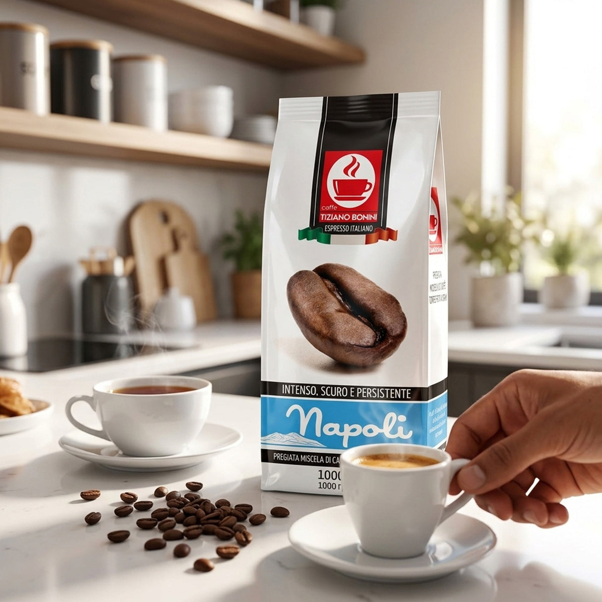 A bag of Napoli espresso coffee stands on a kitchen counter with two white cups, one filled with espresso and one being held by a hand. Coffee beans are scattered on the counter, with a softly blurred kitchen background.
