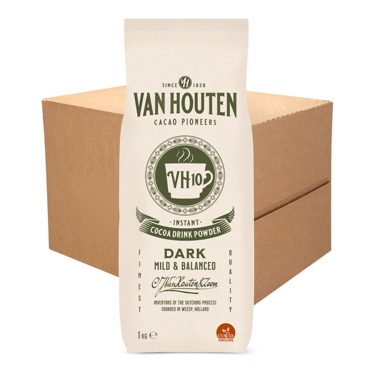 Van Houten cocoa drink powder packaging on a white background