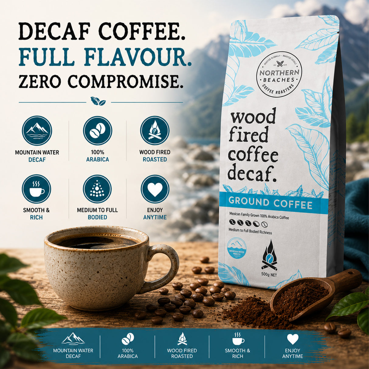 Northern Beaches Wood Fired Coffee Decaf Ground Coffee stands on a rustic wooden surface next to a cup of black coffee, scattered coffee beans, and a wooden spoon of ground coffee. The background features a scenic mountain view with a blue sky, and the top and bottom of the image feature feature informational text and icons detailing the coffee's attributes.