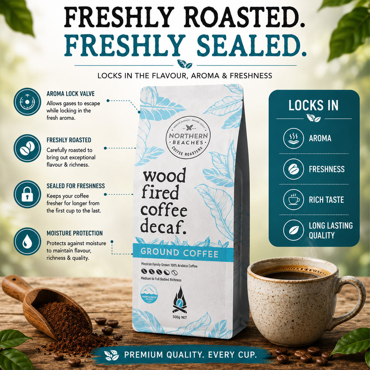Wood Fired Coffee Decaf ground coffee is shown on a rustic wooden surface with a ceramic coffee cup, coffee beans, and a wooden scoop. The image includes marketing text highlighting freshness, aroma lock valve technology, and benefits of wood fired roasting.