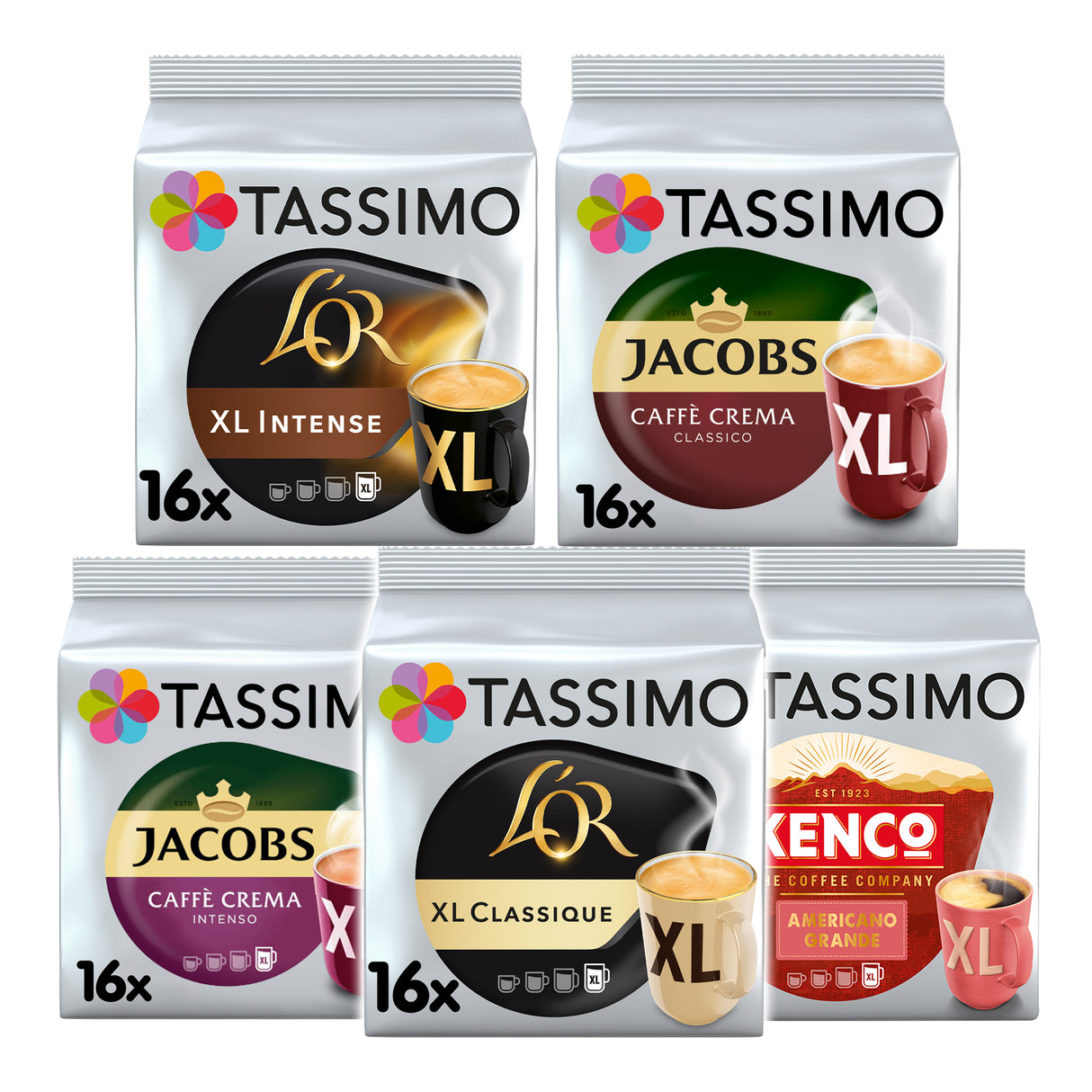 Five Tassimo coffee pod packages with different brands on a white background