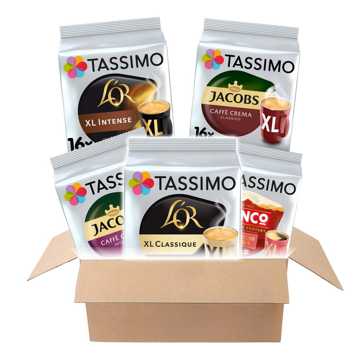 Box of Tassimo coffee pods with various brands including L'Or, Jacobs, and kenco.