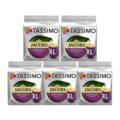 A collection of Tassimo Jacobs Coffee Pods Caffe Crema Intenso XL in case of 5 packets, each packet serves 16 drinks.