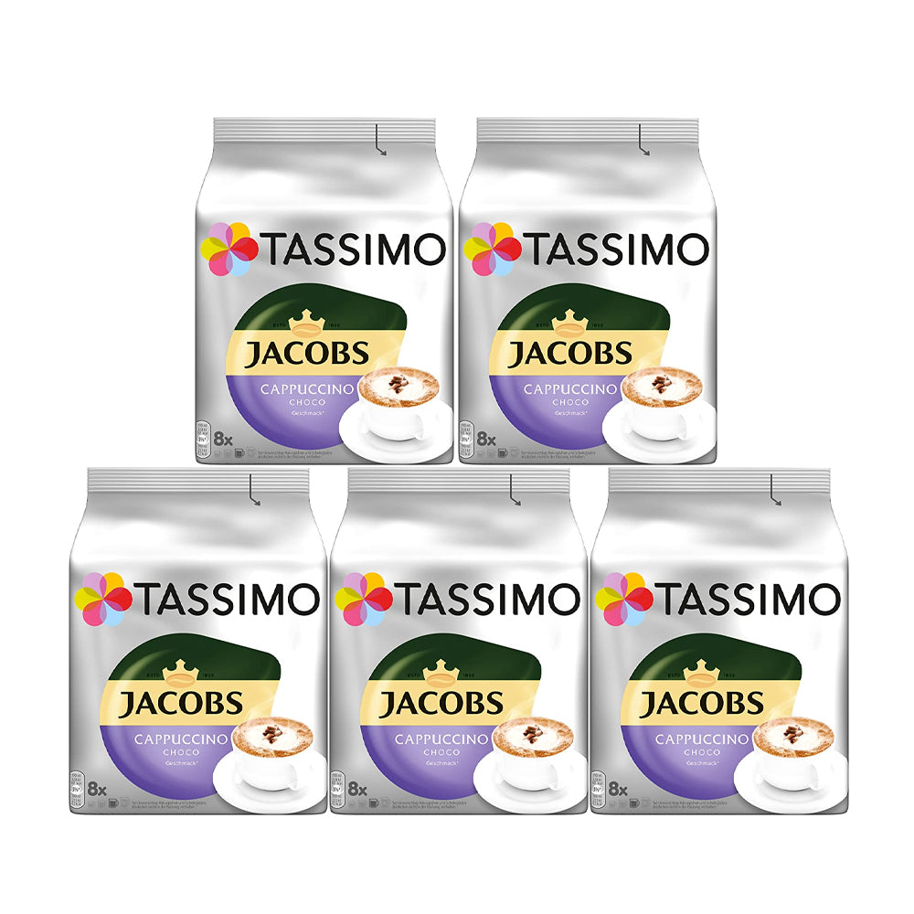 A case of Tassimo Jacobs Cappuccino Choco Coffee Pods, containing multiple individual pods packaged in a sleeve.