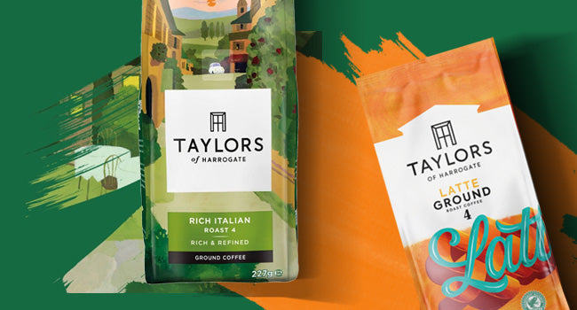 Taylors Of Harrogate Latte and rich italian 227g bags