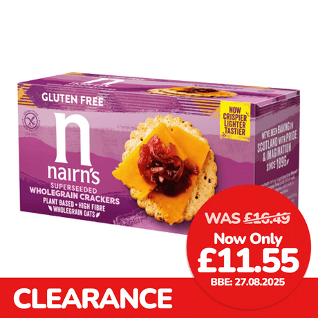 Nairn's superseeded wholegrain crackers packaging with a discount label on a white background