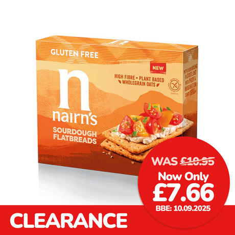 Nairn's sourdough flatbreads packaging with price reduction information on a white background