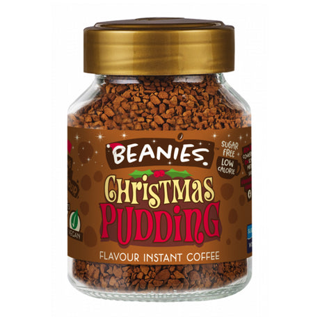 Jar of Beanies Christmas Pudding instant coffee on a white background