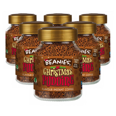 Multiple jars of Beanies Christmas Pudding instant coffee on a white background