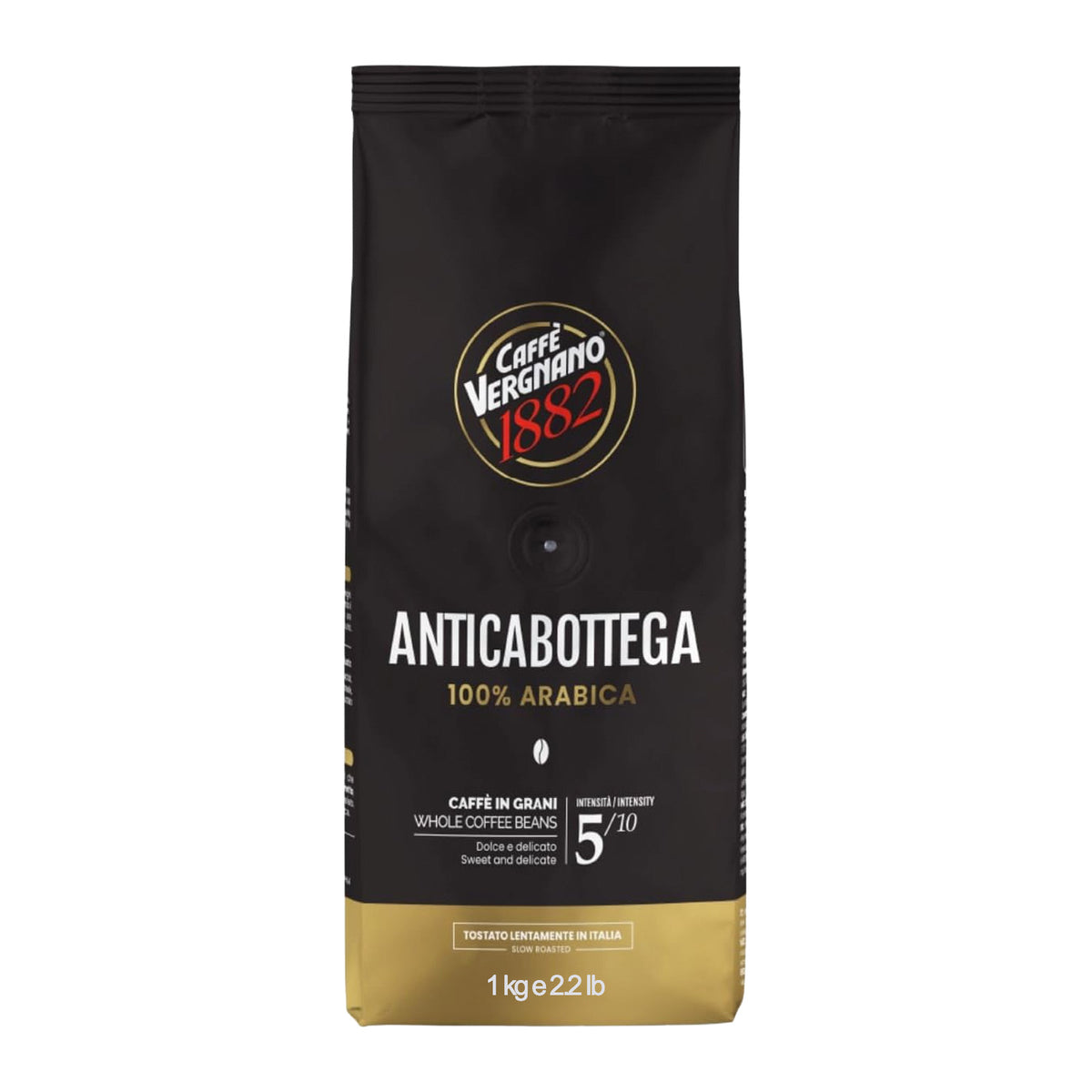 A 1kg bag of Caffè Verginano 1882 AnticaBottega 100% Arabica whole coffee beans.