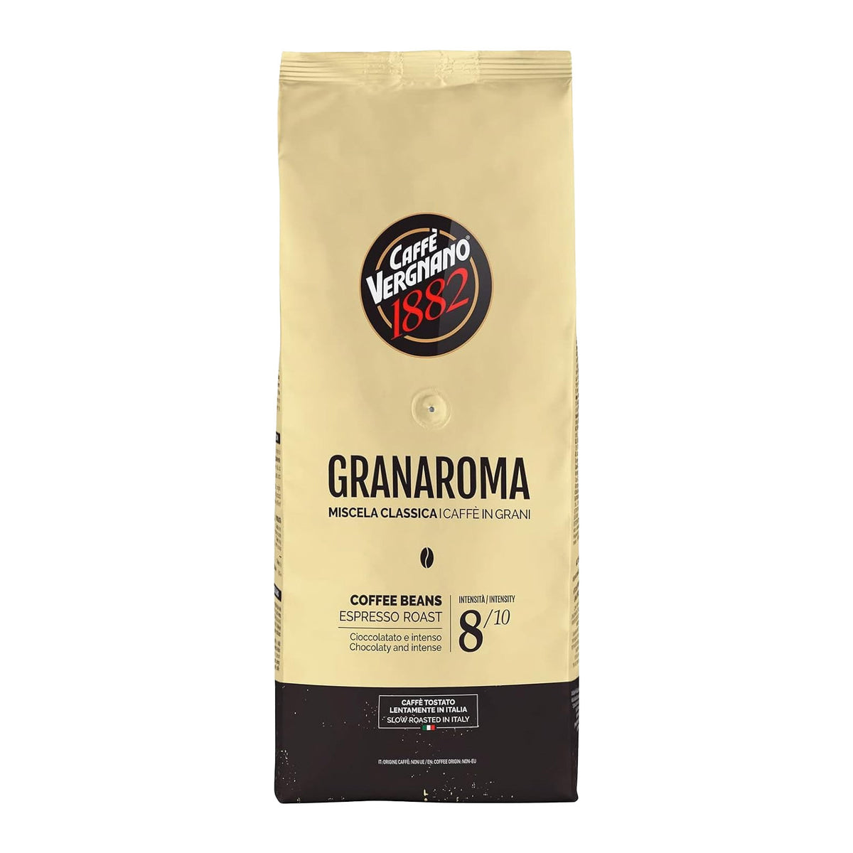 A bag of Caffè Verginano 1882 Granaroma coffee beans, featuring a cream-colored upper half and a dark brown bottom half, on a plain white background.