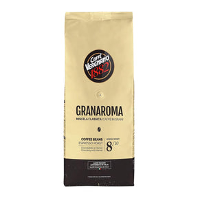 A bag of Caffè Verginano 1882 Granaroma coffee beans, featuring a cream-colored upper half and a dark brown bottom half, on a plain white background.