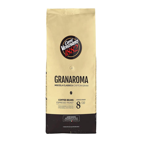 A bag of Caffè Verginano 1882 Granaroma coffee beans, featuring a cream-colored upper half and a dark brown bottom half, on a plain white background.