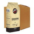 A bag of Caffè Verghino 1882 Granaroma coffee beans in front of a plain brown cardboard box on a white background.