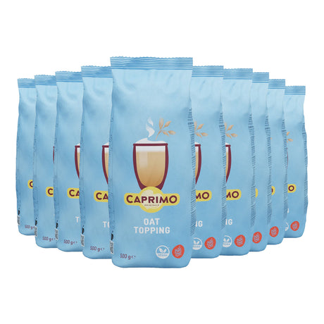 Multiple packages of Caprimo oat topping on a white background