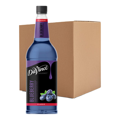 DaVinci Blueberry syrup bottle with a cardboard box on a white background