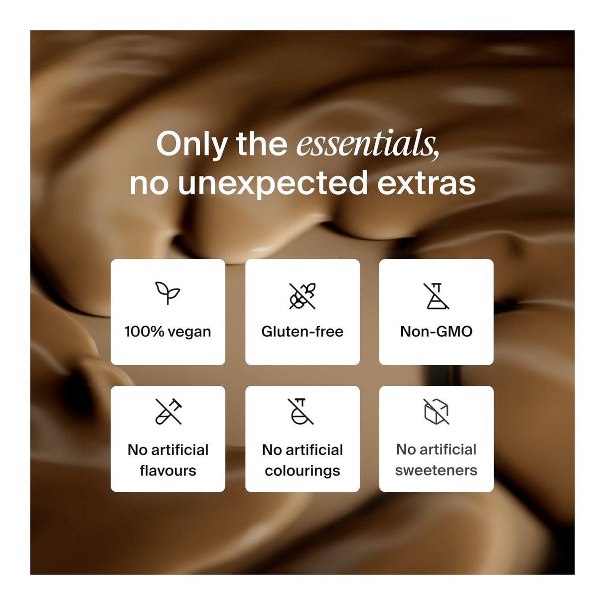 Chocolate background with health claims text and icons.
