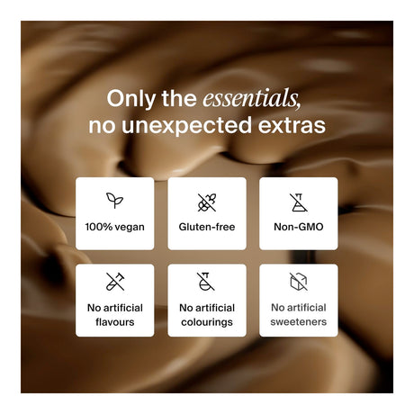 Chocolate background with health claims text and icons.